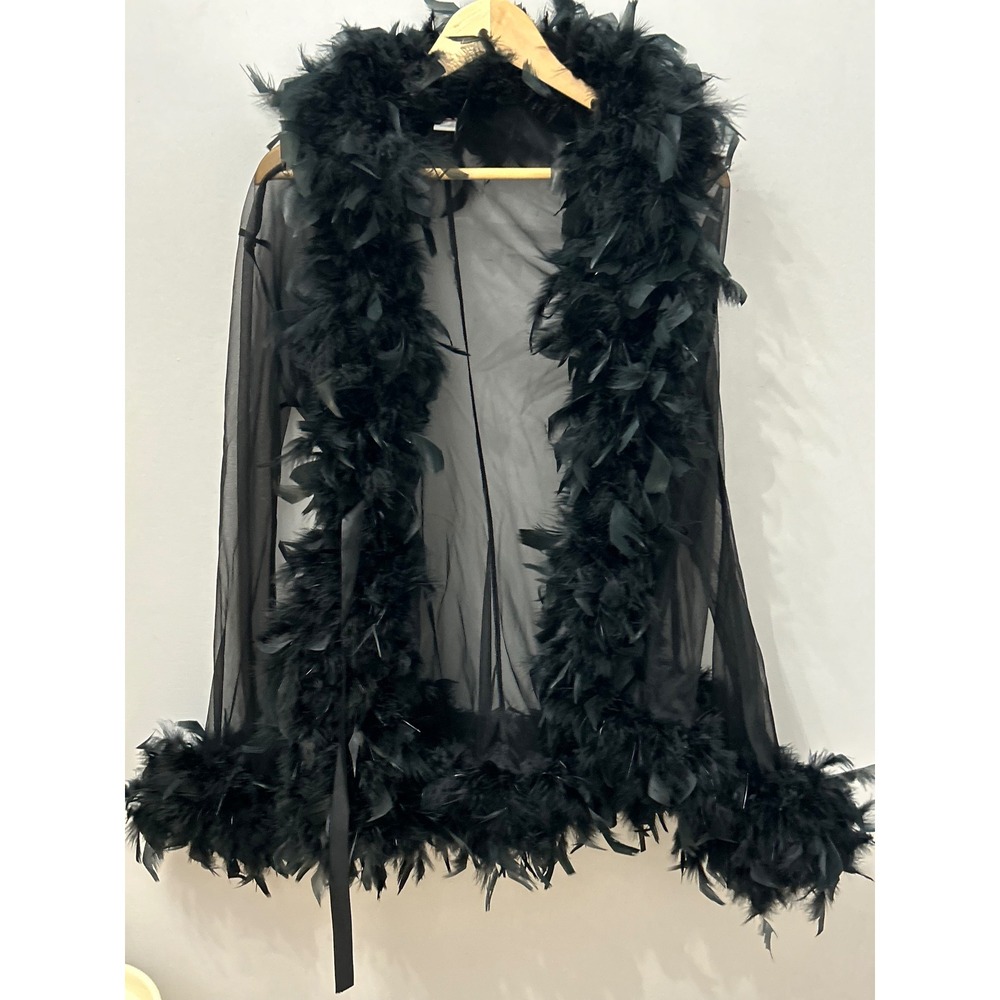 Shirley of Hollywood Black Sheer Marabou Feather Trim Glamour Robe OS RS1211 - Picture 3 of 6